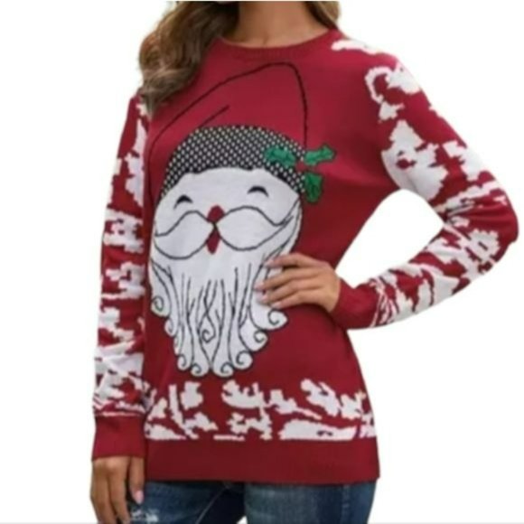 Womens Size XL Red Pullover Christmas Ugly Sweater Santa Snowflakes Print Knit - Picture 6 of 7